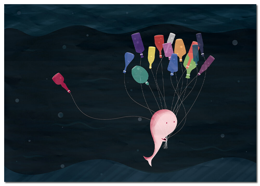 Illustration eines Wals der viele schwimmenden Flaschen an Schnüren wie Luftballons durch den Ozean trägt.